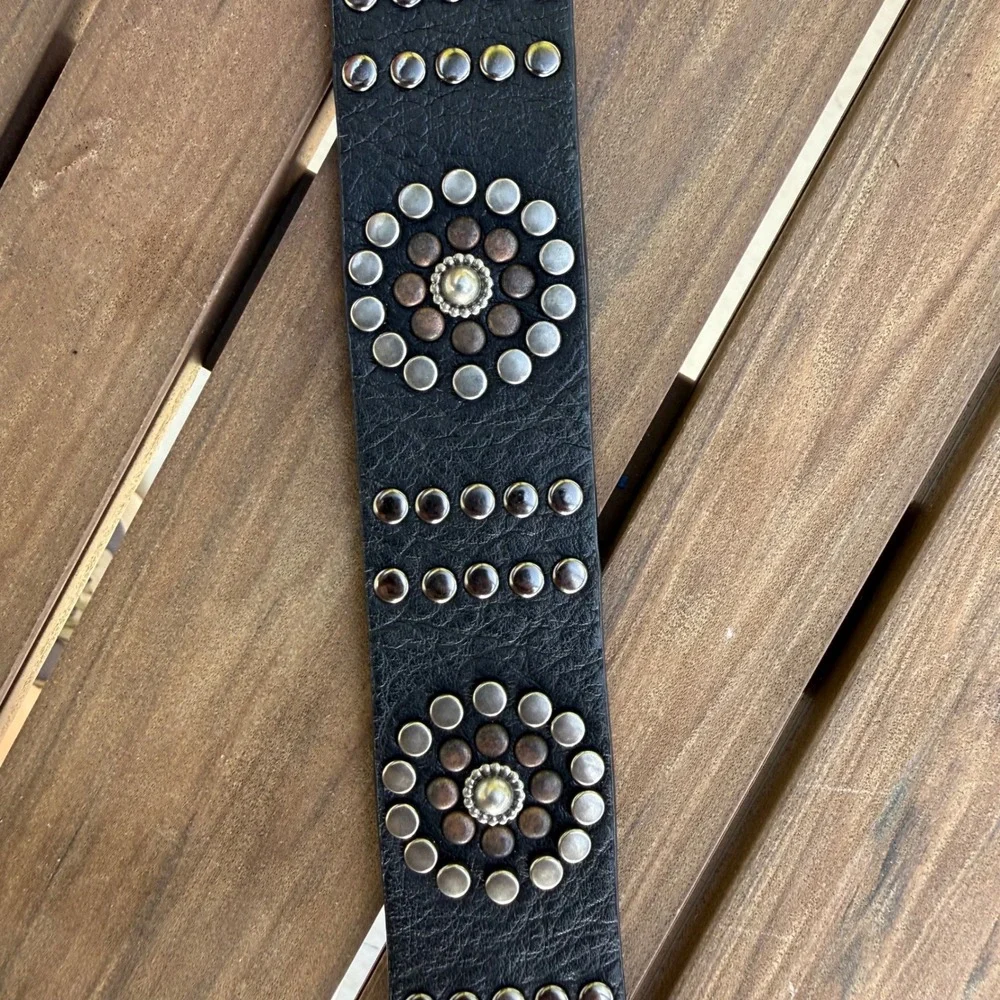Genuine Leather Studded Western Boho Belt Black Silver Copper‎ Accents 6283 ML